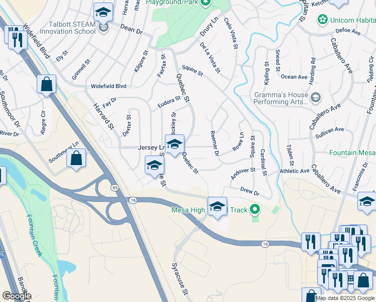 map of restaurants, bars, coffee shops, grocery stores, and more near Quebec Street in Colorado Springs