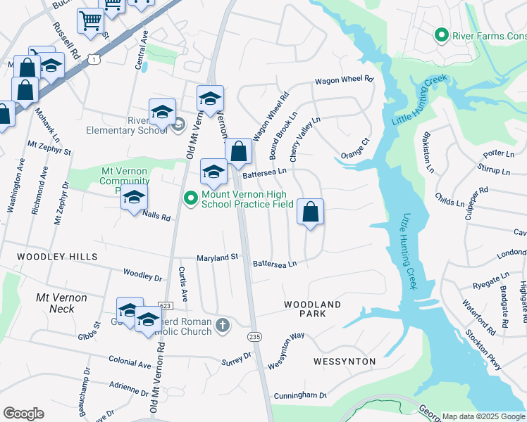 map of restaurants, bars, coffee shops, grocery stores, and more near 8512 Wagon Wheel Road in Alexandria