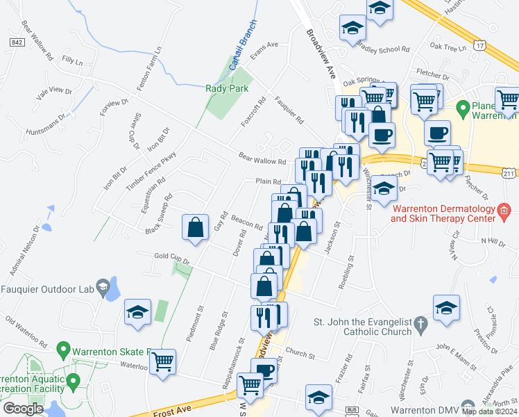 map of restaurants, bars, coffee shops, grocery stores, and more near 317 Dover Road in Warrenton