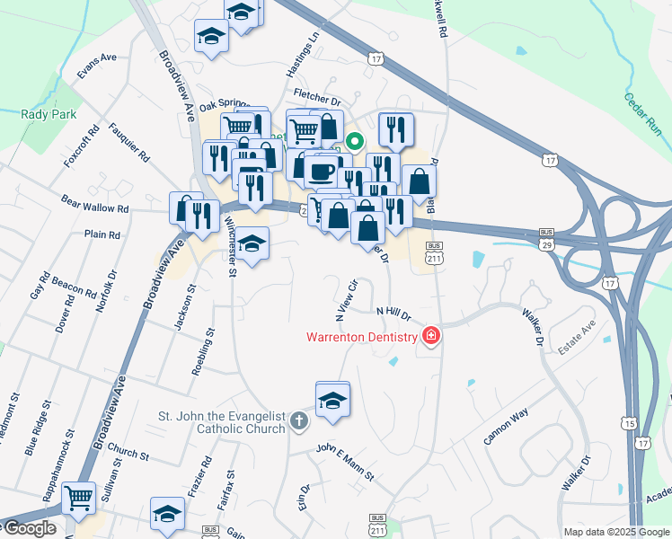 map of restaurants, bars, coffee shops, grocery stores, and more near 226 W Ridge Ct in Warrenton