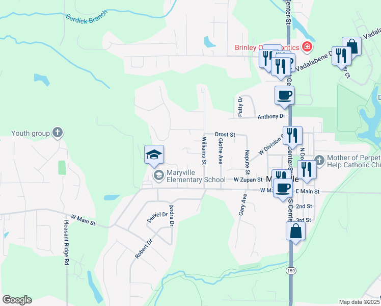 map of restaurants, bars, coffee shops, grocery stores, and more near 6720 West Main Street in Maryville