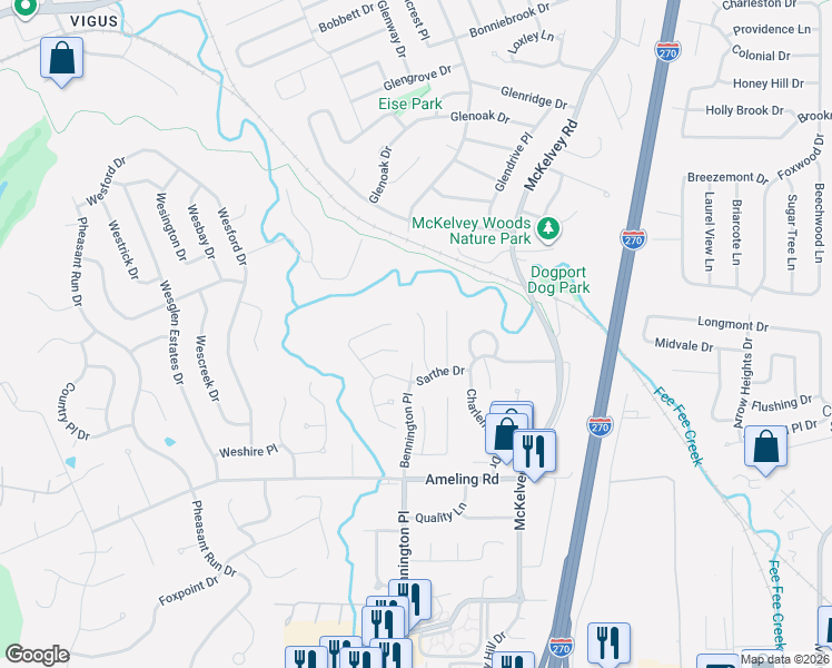 map of restaurants, bars, coffee shops, grocery stores, and more near 11954 Meadow Grove Court in Maryland Heights