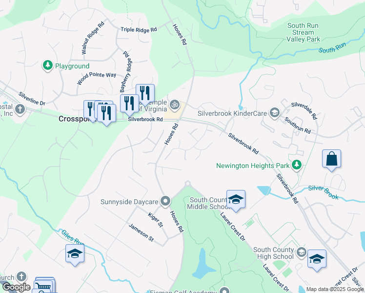 map of restaurants, bars, coffee shops, grocery stores, and more near 8499 Silverview Court in Lorton