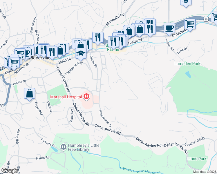map of restaurants, bars, coffee shops, grocery stores, and more near 3184 Ridge Court in Placerville