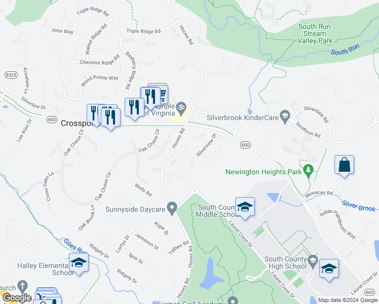 map of restaurants, bars, coffee shops, grocery stores, and more near 8499 Silverview Court in Lorton