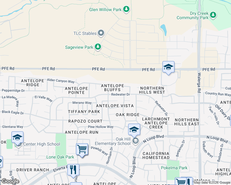 map of restaurants, bars, coffee shops, grocery stores, and more near 8755 Fobes Drive in Antelope