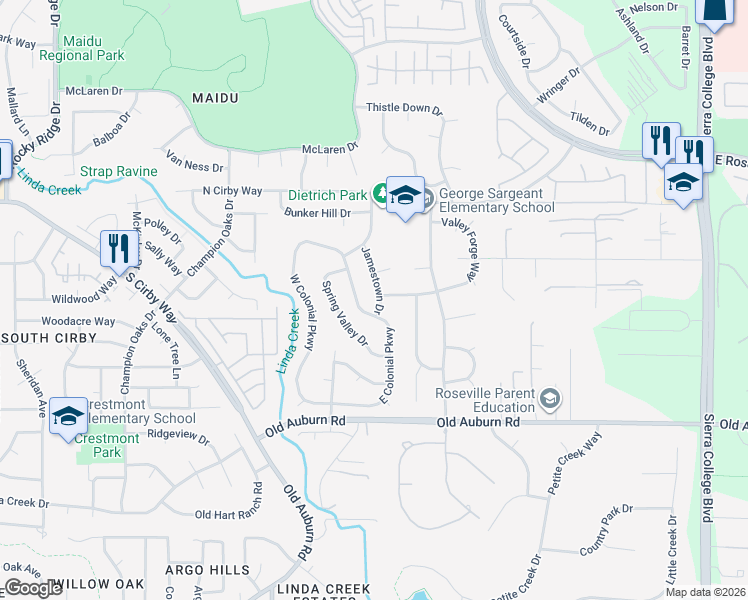 map of restaurants, bars, coffee shops, grocery stores, and more near 1314 Jamestown Drive in Roseville