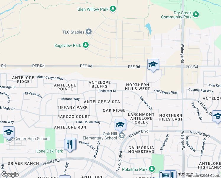 map of restaurants, bars, coffee shops, grocery stores, and more near 9125 Redwater Drive in Antelope
