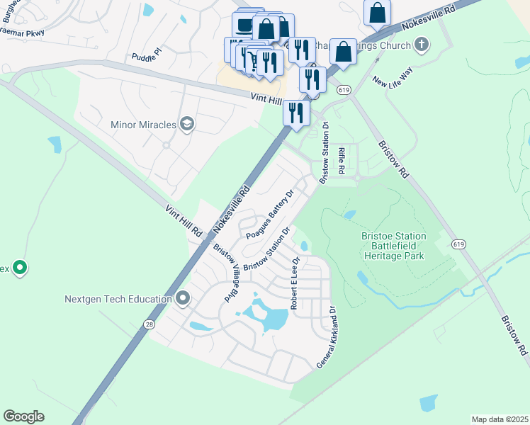 map of restaurants, bars, coffee shops, grocery stores, and more near 11904 Ricketts Battery Drive in Bristow