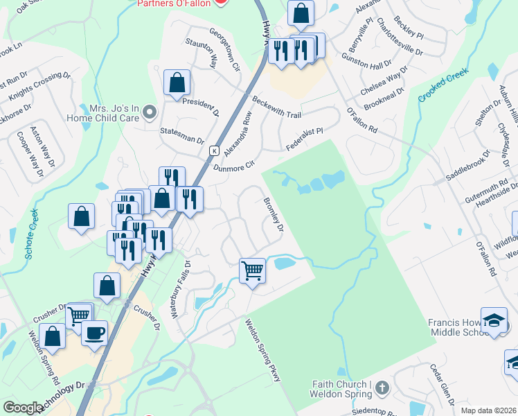 map of restaurants, bars, coffee shops, grocery stores, and more near 2847 Bromley Drive in O'Fallon