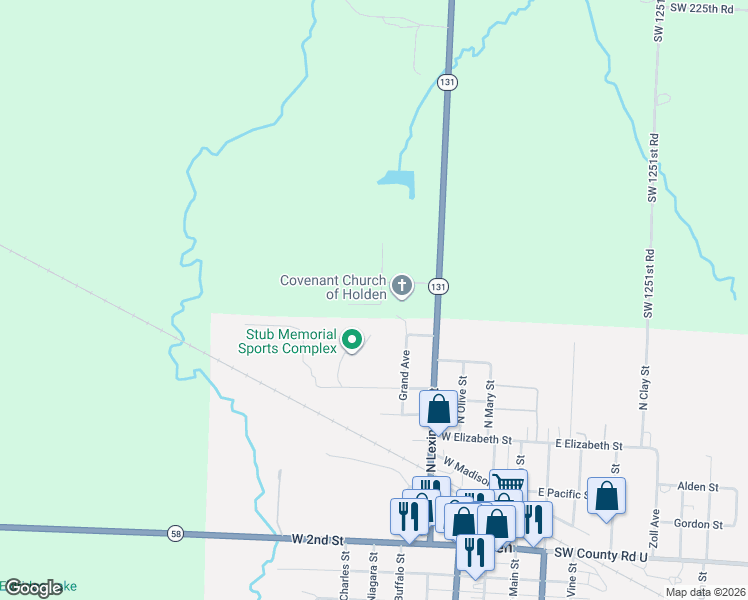 map of restaurants, bars, coffee shops, grocery stores, and more near 292 Southwest 1311 Road in Holden