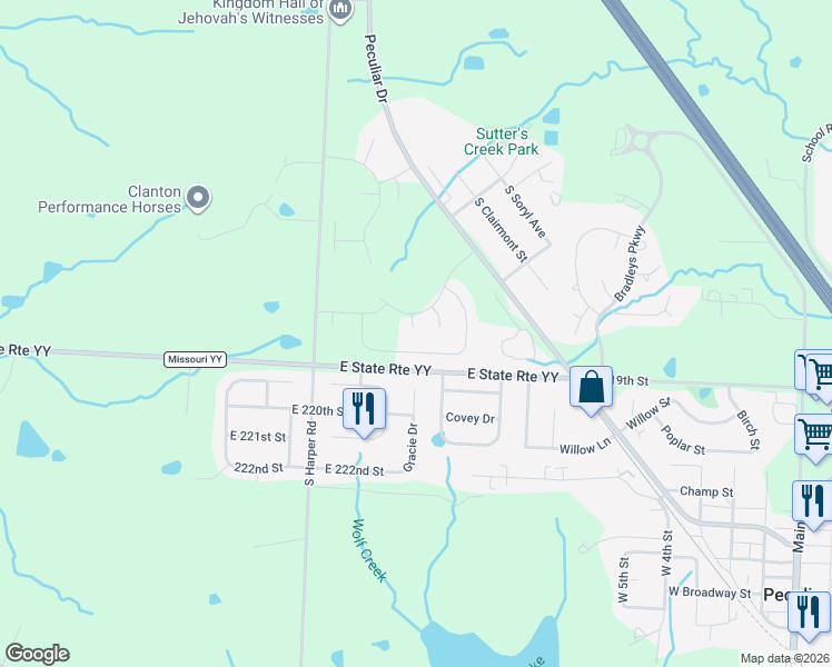 map of restaurants, bars, coffee shops, grocery stores, and more near 21800 Massa Circle in Peculiar