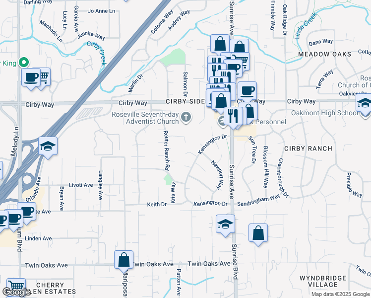 map of restaurants, bars, coffee shops, grocery stores, and more near 448 Misty Haven Court in Roseville