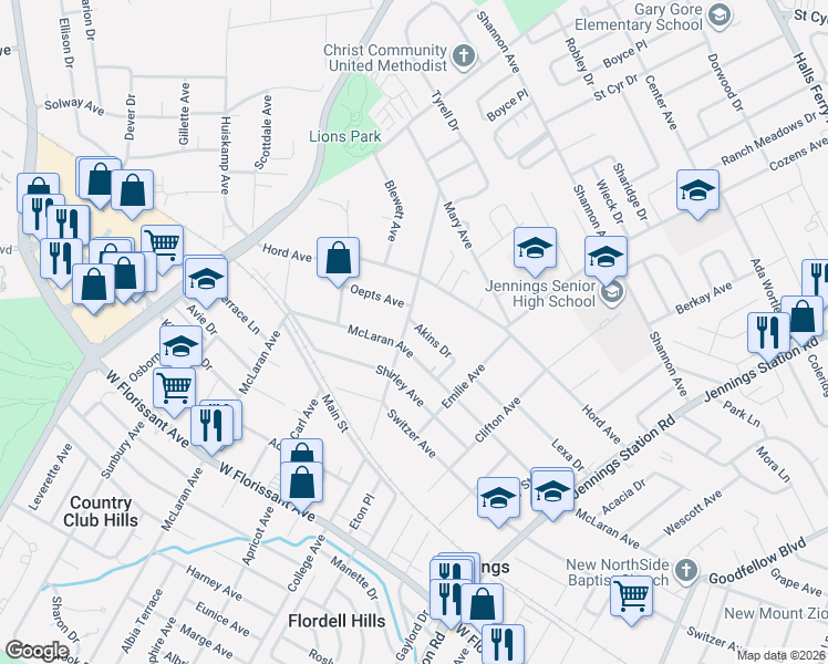 map of restaurants, bars, coffee shops, grocery stores, and more near 2443 Akins Drive in Jennings