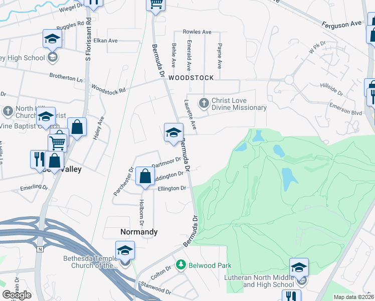 map of restaurants, bars, coffee shops, grocery stores, and more near 7550 Castro Drive in Ferguson