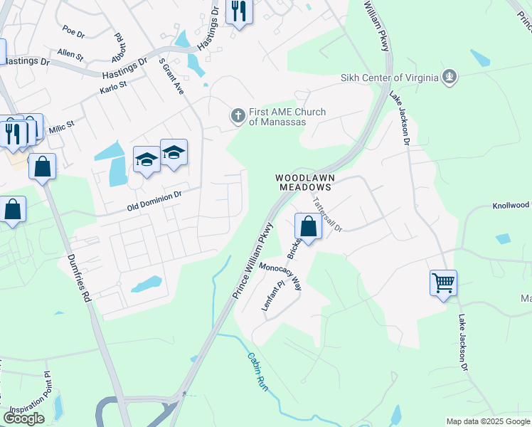 map of restaurants, bars, coffee shops, grocery stores, and more near 8564 Prince William Parkway in Manassas