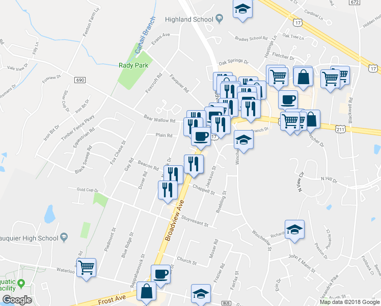 map of restaurants, bars, coffee shops, grocery stores, and more near 338 Broadview Avenue in Warrenton