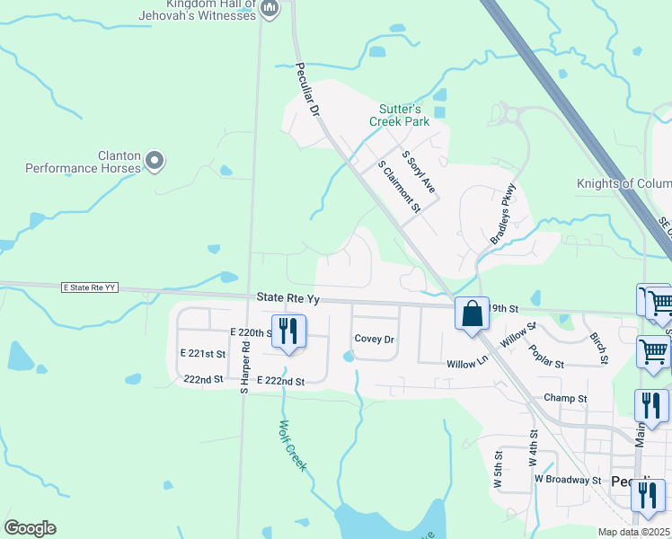 map of restaurants, bars, coffee shops, grocery stores, and more near 21800 Massa Circle in Peculiar