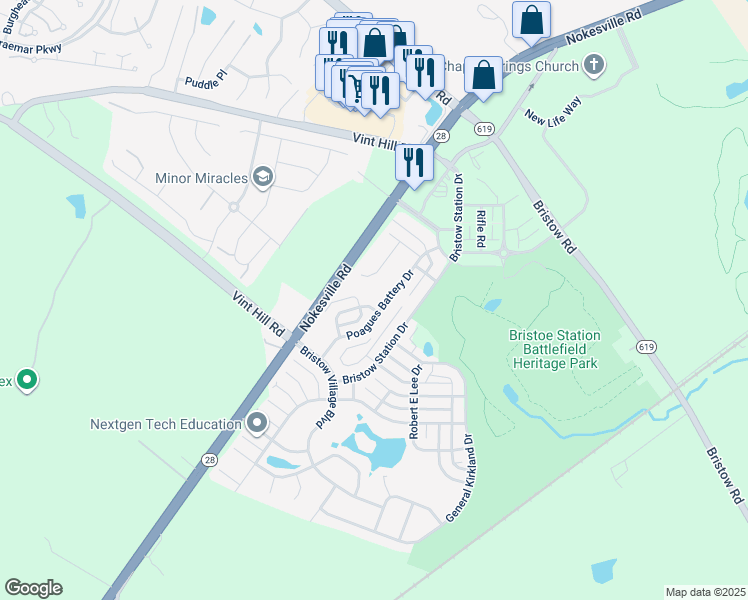 map of restaurants, bars, coffee shops, grocery stores, and more near 11904 Ricketts Battery Drive in Bristow