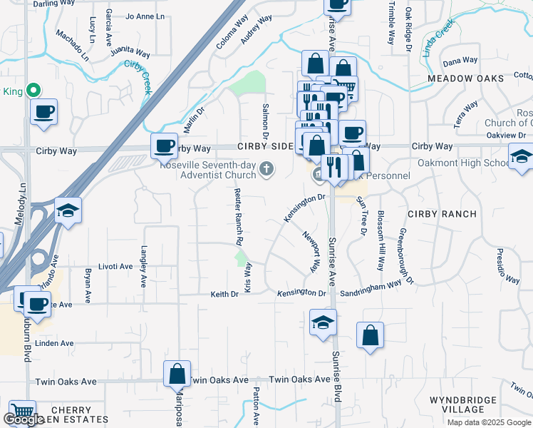 map of restaurants, bars, coffee shops, grocery stores, and more near 448 Misty Haven Court in Roseville