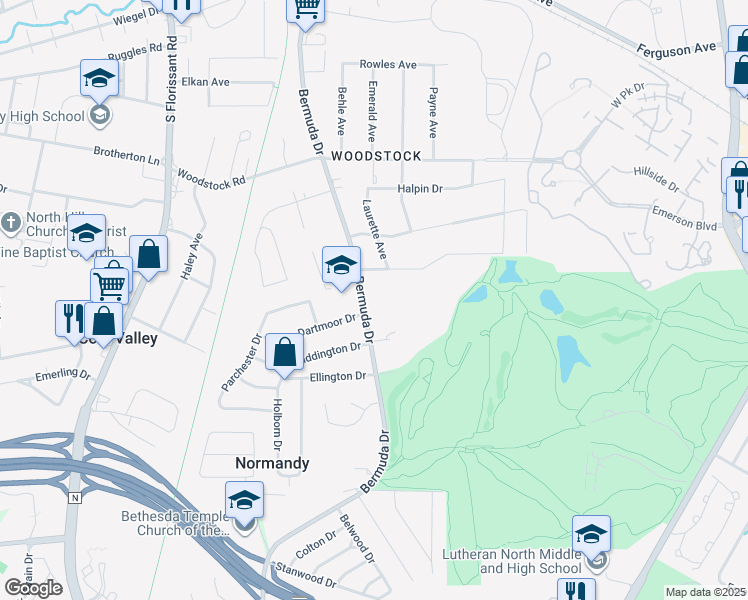 map of restaurants, bars, coffee shops, grocery stores, and more near 5834 Bermuda Drive in St. Louis