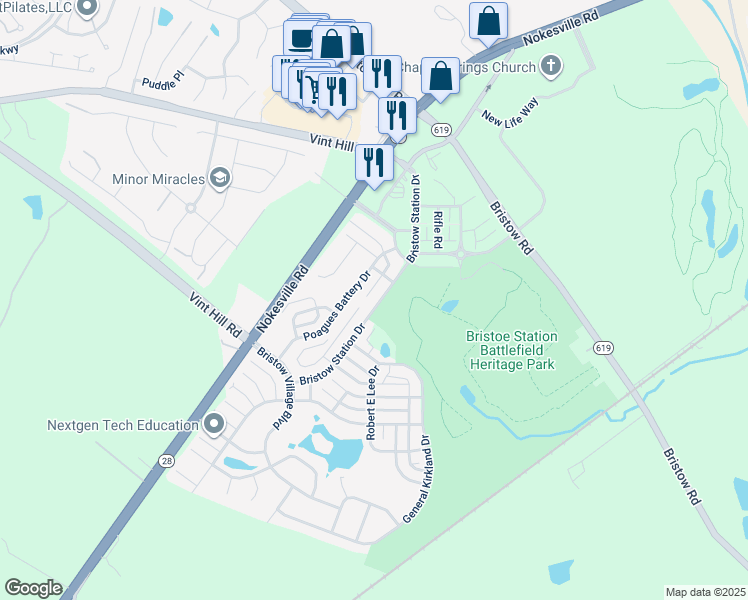 map of restaurants, bars, coffee shops, grocery stores, and more near 10580 Bristow Station Drive in Bristow