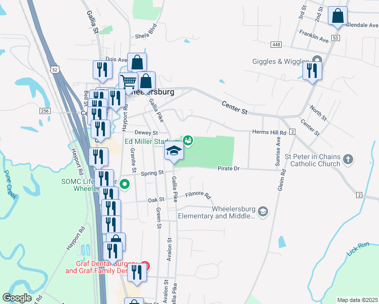 map of restaurants, bars, coffee shops, grocery stores, and more near 800 Pirate Drive in Wheelersburg