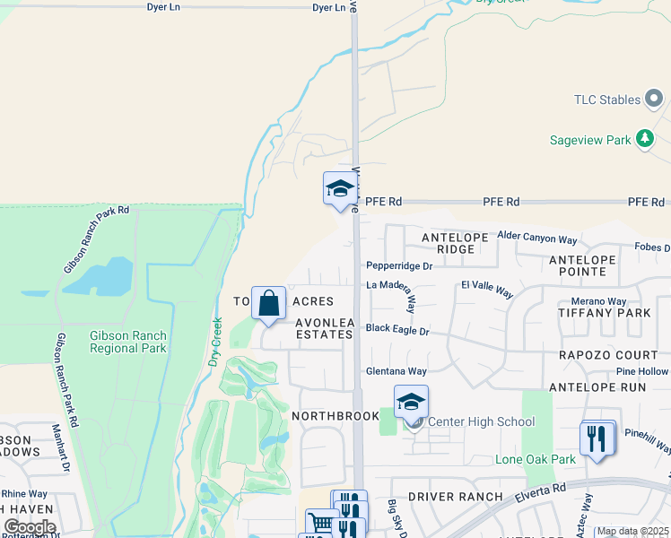 map of restaurants, bars, coffee shops, grocery stores, and more near 2981 Tolman Lane in Antelope