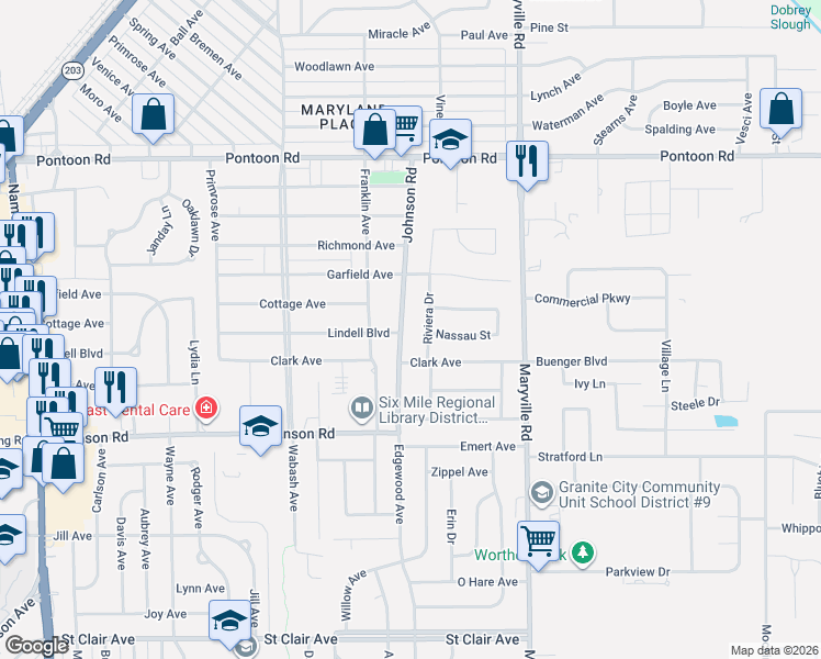 map of restaurants, bars, coffee shops, grocery stores, and more near 29 Riviera Drive in Granite City