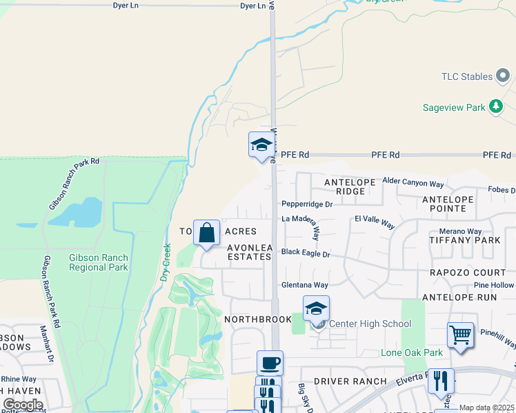 map of restaurants, bars, coffee shops, grocery stores, and more near 2981 Tolman Lane in Antelope