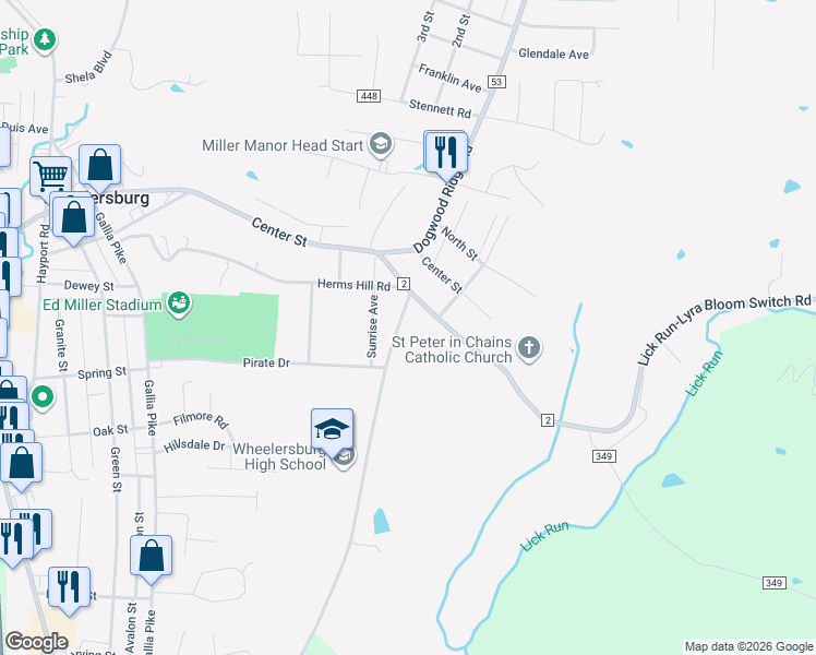 map of restaurants, bars, coffee shops, grocery stores, and more near 1197 Gleim Road in Wheelersburg