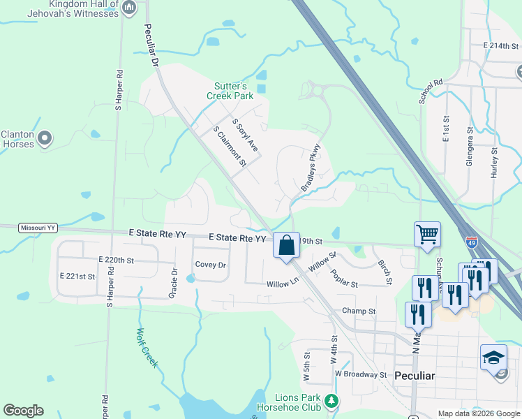 map of restaurants, bars, coffee shops, grocery stores, and more near 21720 South Clairmont Street in Peculiar