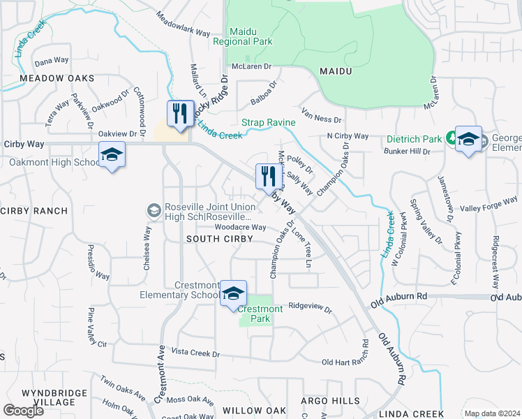 map of restaurants, bars, coffee shops, grocery stores, and more near 2000 South Cirby Way in Roseville