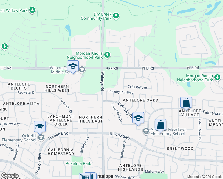 map of restaurants, bars, coffee shops, grocery stores, and more near 4345 Country Run Way in Sacramento