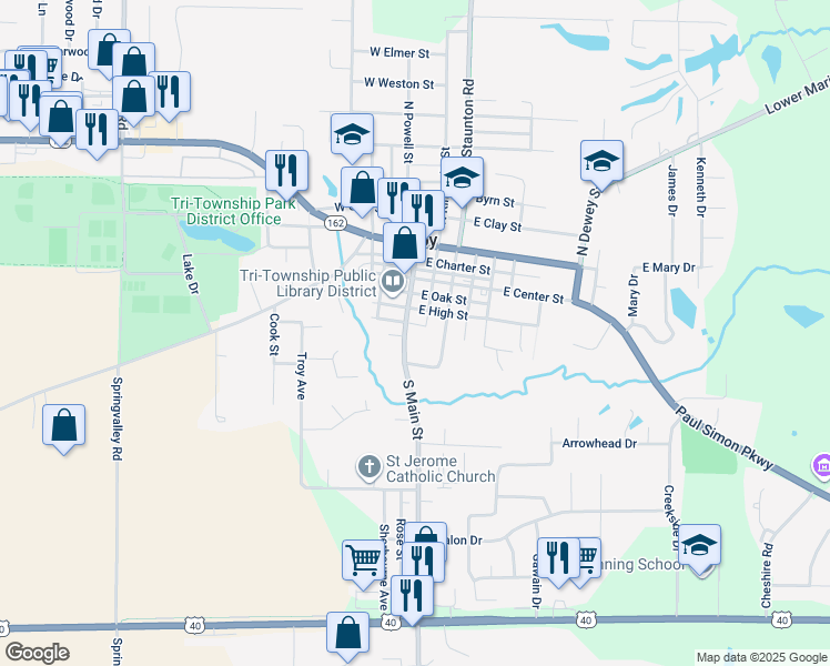 map of restaurants, bars, coffee shops, grocery stores, and more near 300 South Main Street in Troy