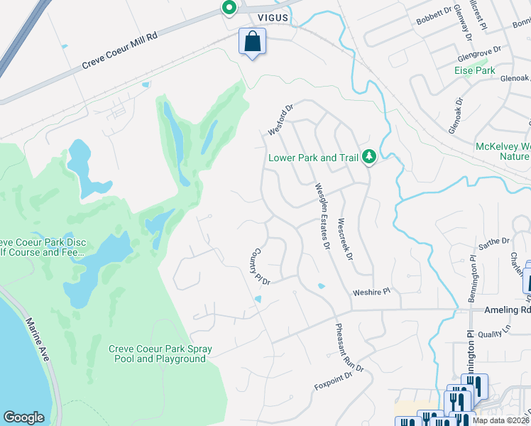 map of restaurants, bars, coffee shops, grocery stores, and more near 2492 Pheasant Run Drive in Maryland Heights