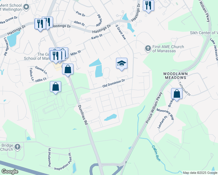 map of restaurants, bars, coffee shops, grocery stores, and more near 10503 Hinton Way in Manassas