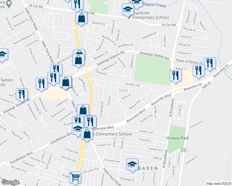 map of restaurants, bars, coffee shops, grocery stores, and more near 9175 Newby Street in St. Louis