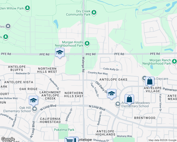 map of restaurants, bars, coffee shops, grocery stores, and more near 4345 Country Run Way in Sacramento