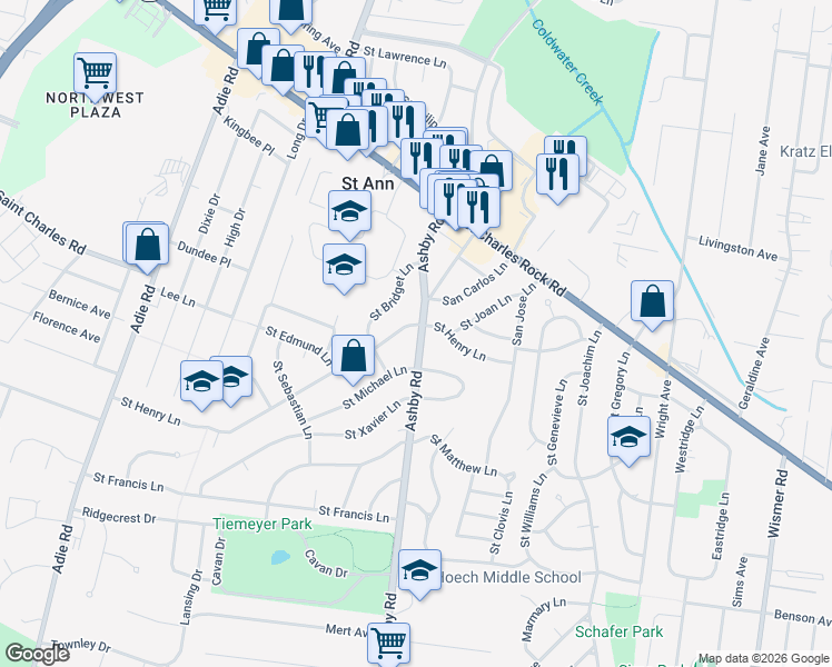 map of restaurants, bars, coffee shops, grocery stores, and more near 3633 Ashby Road in Saint Ann