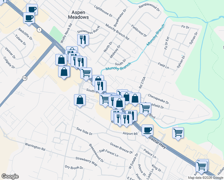 map of restaurants, bars, coffee shops, grocery stores, and more near 1400 Pebble Drive in Rehoboth Beach