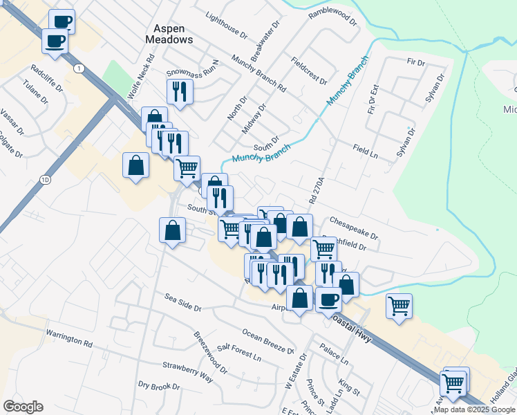map of restaurants, bars, coffee shops, grocery stores, and more near 200 Pebble Drive in Rehoboth Beach