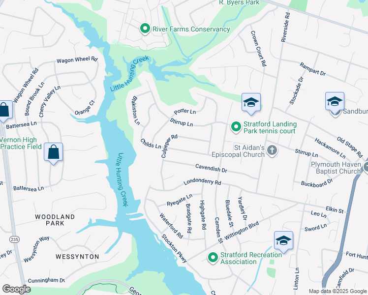 map of restaurants, bars, coffee shops, grocery stores, and more near 2500 Childs Lane in Alexandria