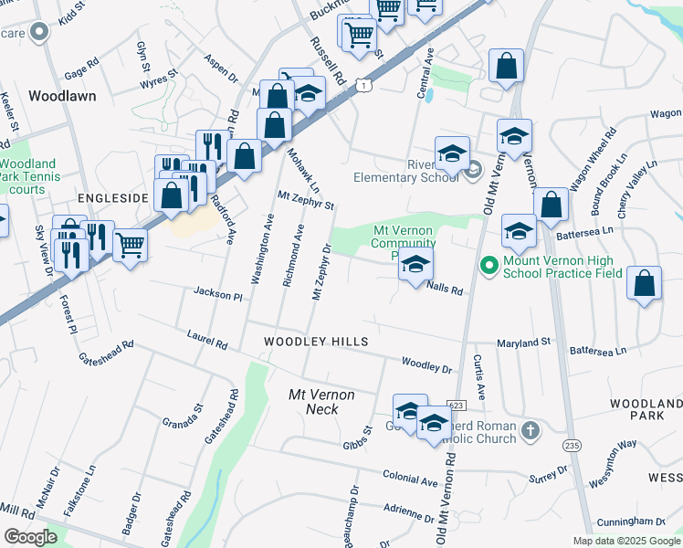 map of restaurants, bars, coffee shops, grocery stores, and more near 8119 Russell Road in Alexandria