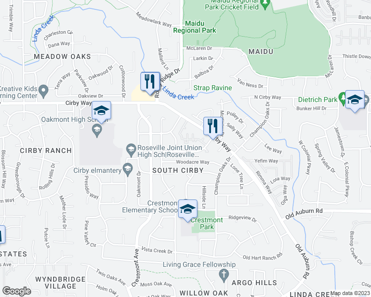 map of restaurants, bars, coffee shops, grocery stores, and more near 1905 Wildwood Way in Roseville