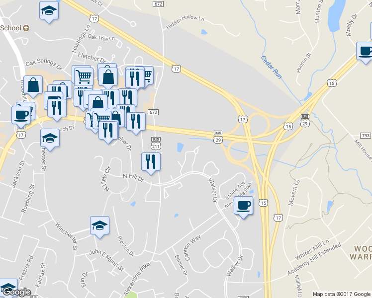 map of restaurants, bars, coffee shops, grocery stores, and more near 534 Highland Towne Lane in Warrenton