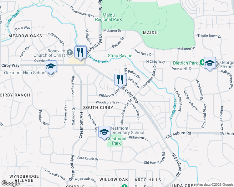 map of restaurants, bars, coffee shops, grocery stores, and more near 1924 Wildwood Way in Roseville