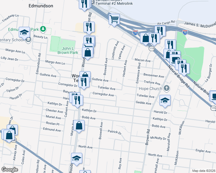 map of restaurants, bars, coffee shops, grocery stores, and more near 9243 Tutwiler Avenue in St. Louis