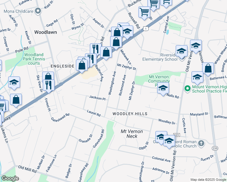 map of restaurants, bars, coffee shops, grocery stores, and more near 8509 Washington Avenue in Alexandria