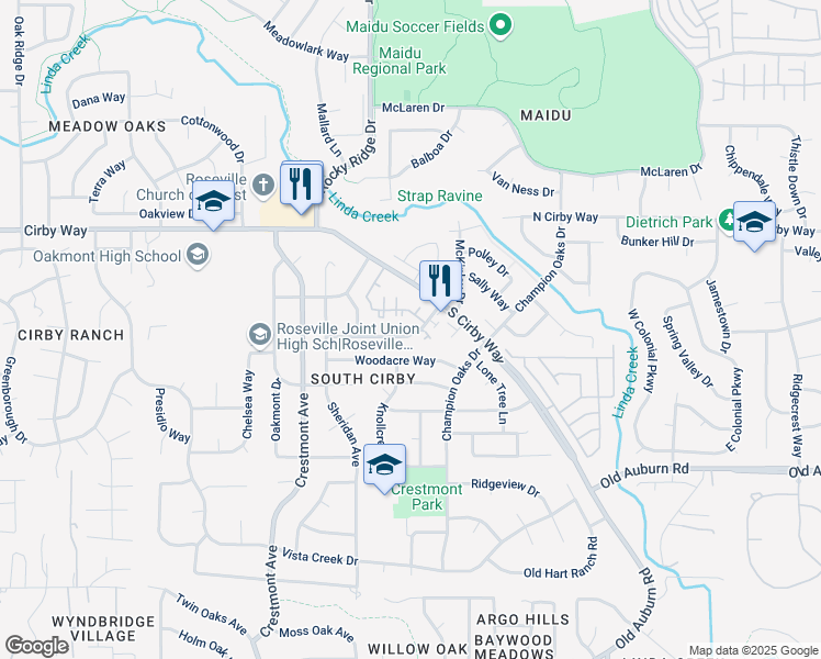 map of restaurants, bars, coffee shops, grocery stores, and more near 1900 South Cirby Way in Roseville